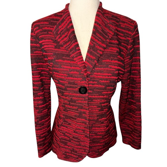 Misook Red Boucle Cardigan Sweater‎ Rhinestones One Button Medium Church Boss